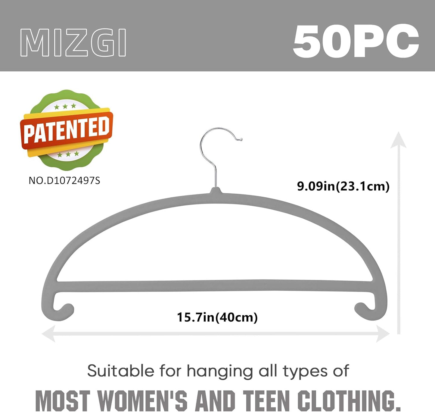 MIZGI 50 Pack Gray Velvet Hangers - No Shoulder Bumps, Heavy Duty Non-Slip Chrome Hooks for Jackets, Coats, Pants