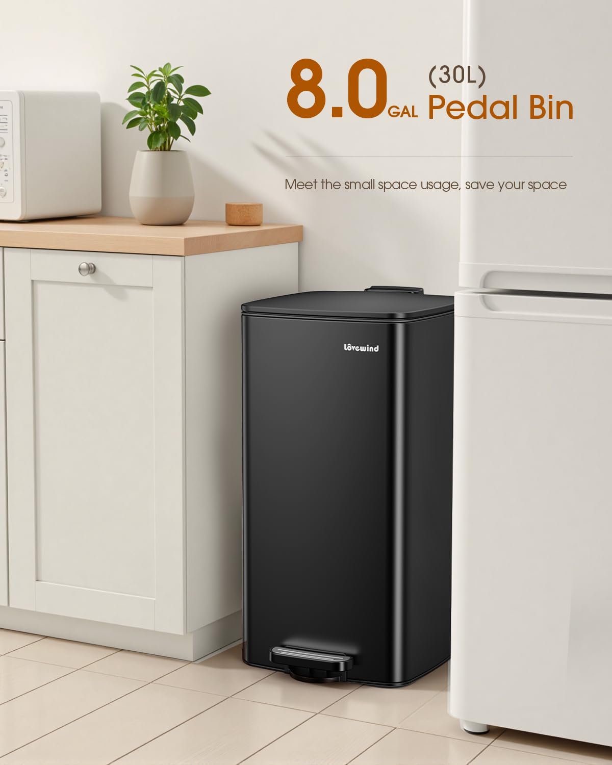 Lovewind Kitchen Trash Can with Lid, 8 Gallon/30 L Footstep Garbage Can for Kitchen Bedroom Home Office, 30 Liter Trash Bin Brushed Stainless Steel Waste Bin with Soft-Close Lid,Black