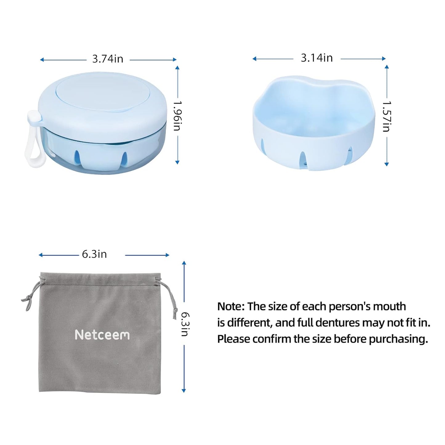 Leak Proof Denture Cup Kit Portable Retainer Case Perfect for Travel, Denture Case Container Cleaning Care for Dentures Aligner Mouth Guard with Denture Brush,Strainer, Removal Tool and Mirror
