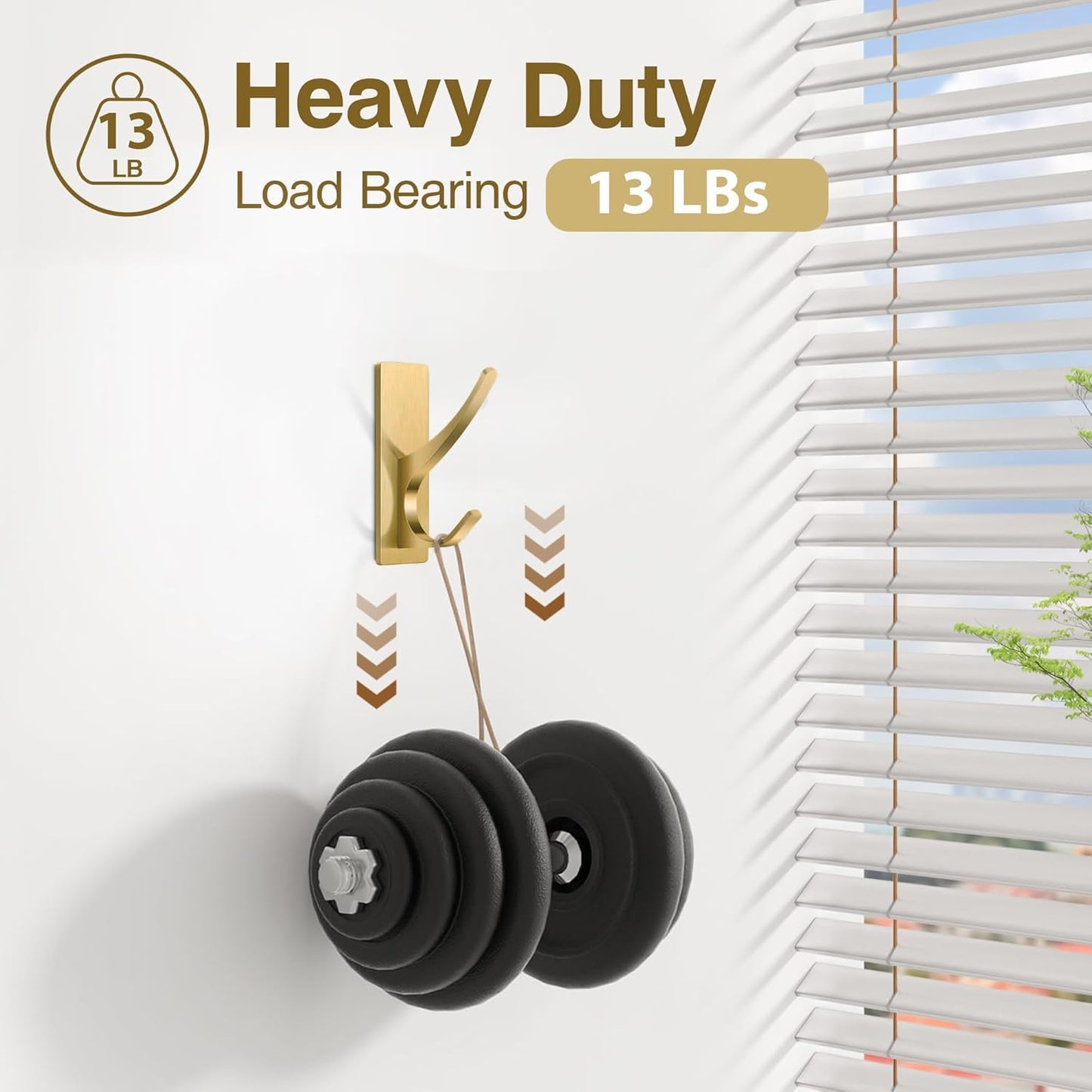 pickpiff Self Adhesive Coat Hooks for Hanging, Heavy Duty Stainless Double Wall Hook for Towel, Backpack, Hat, Sturdy Metal Hanger for Bathroom, Bedroom, Door, Wall Mounted, 6-Pack, Brushed Gold