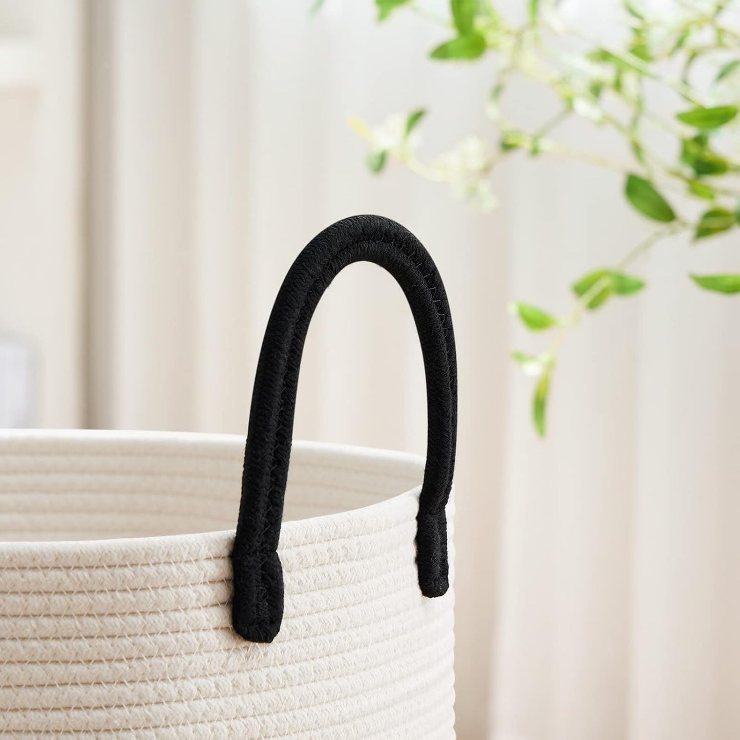 VIPOSCO Large Laundry Hamper, Tall Woven Rope Storage Basket for Blanket, Toys, Dirty Clothes in Living Room, Bathroom, Bedroom - 72L White & Black