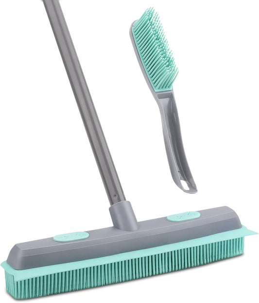 Conliwell Rubber Broom Carpet Rake for Pet Hair, Fur Remover Broom with Squeegee, Portable Detailing Lint Remover Brush (Iron Handle)