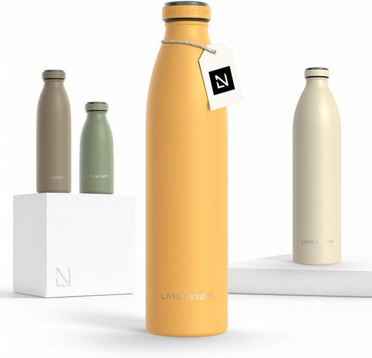 LARS NYSØM Stainless Steel Insulated Water Bottle 12oz 17oz 25oz 34oz 51oz | Insulated Thermo Flask for Hot and Cold Beverages | Leakproof Drinking Bottle (Mustard Yellow, 33.9 oz)