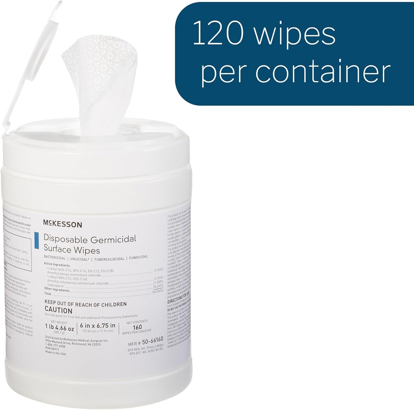 McKesson Germicidal Wipes [800 Count] Disinfecting Wipes, Alcohol Cleaning Disinfectant Wipes, Hospital Grade Multi-Surface Wipes, 160 Wipes, 5 Pack
