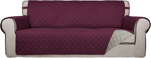 PureFit Reversible Quilted Sofa Cover, Water Resistant Slipcover Furniture Protector, Washable Couch Cover with Non Slip and Elastic Straps for Kids, Dogs, Pets (Oversized Sofa, Wine/Beige)