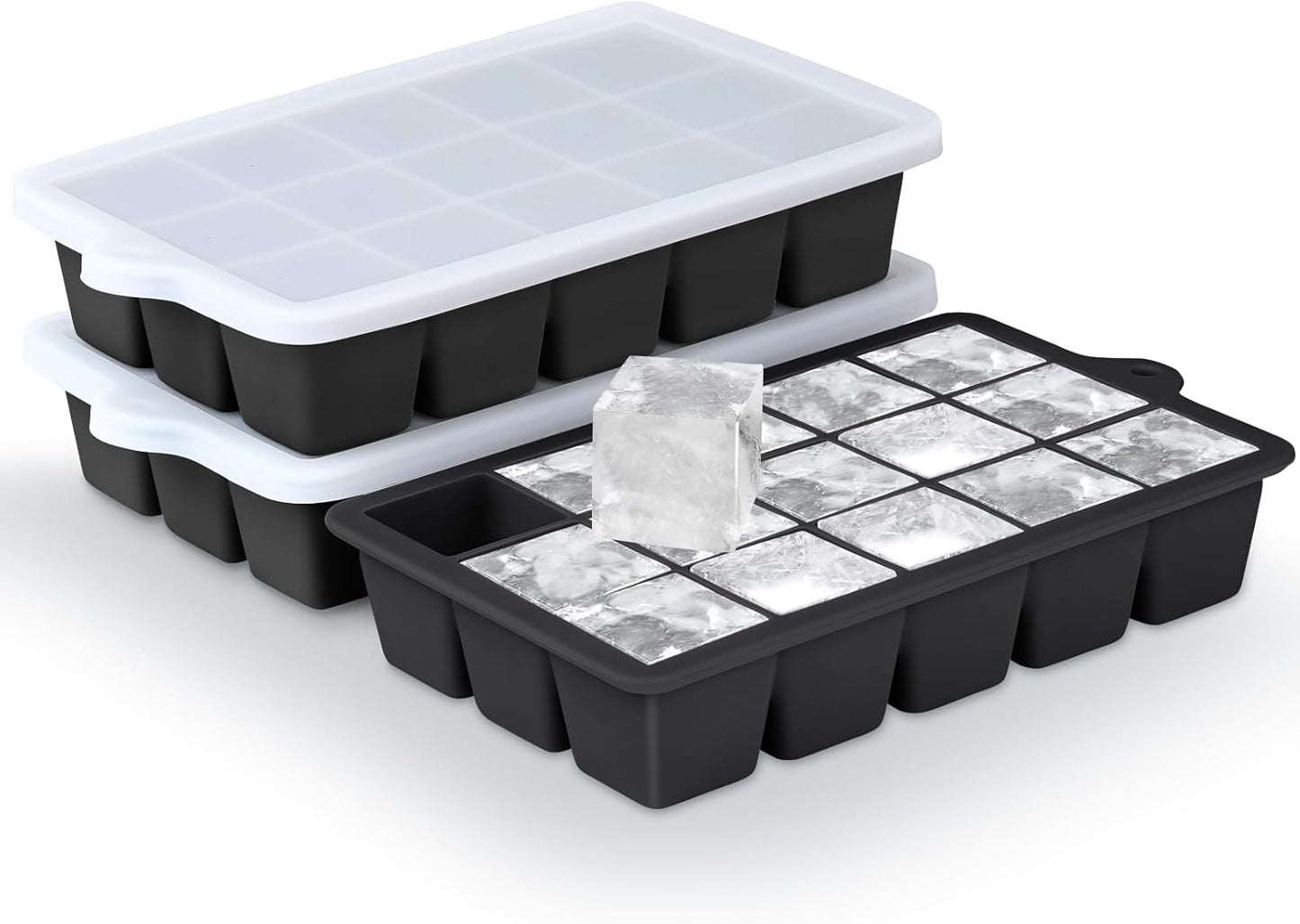 Silicone Ice Cube Trays 3Packs, Easy Release Ice Cube Molds with Lid, Freezer Stackable Ice Maker for Whiskey, Baby Food, BPA Free (Black)