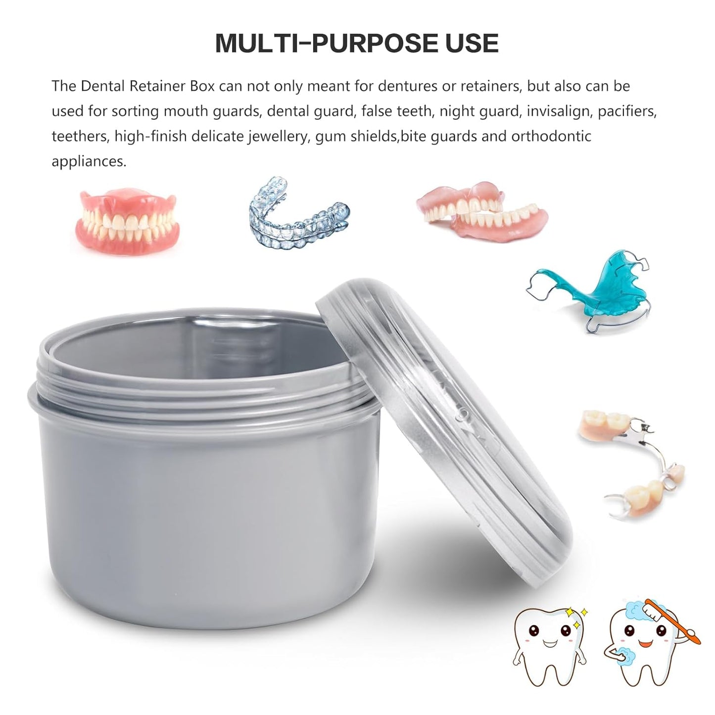 Large Denture Bath Cup No Leak Denture Case Retainer Cleaner Case Complete Cleaning Care Denture Clear and Retainer Denture Holder for Soaking (grey)