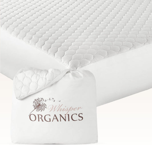 100% Cotton Organic Mattress Pad - Breathable & Cooling Mattress Protector Cal King - Premium 300GSM Quilted and Noiseless Machine Washable Organic Mattress Protector (White, Cal King)
