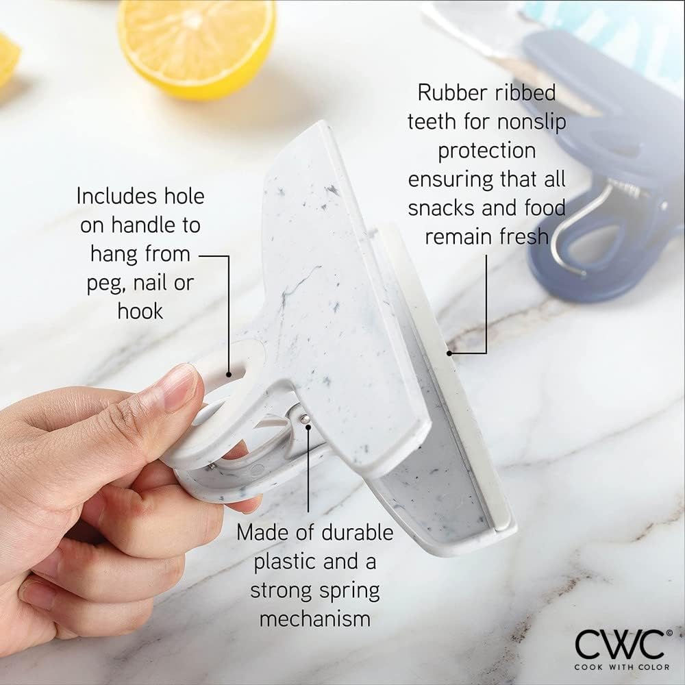 COOK WITH COLOR Bag Clips - Heavy Duty Chip Clip and Refrigerator Magnet Clips for Food Storage with Air Tight Seal Grip, Blue and White, Pack of 8 Large Clips