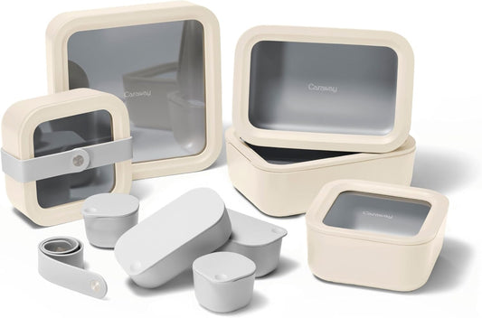 Caraway 14pc Glass Food Storage Container Set - Easy to Store, Non Toxic Lunch Box - with Glass Lids - Includes Storage Organizer & Dot & Dash Inserts - Cream