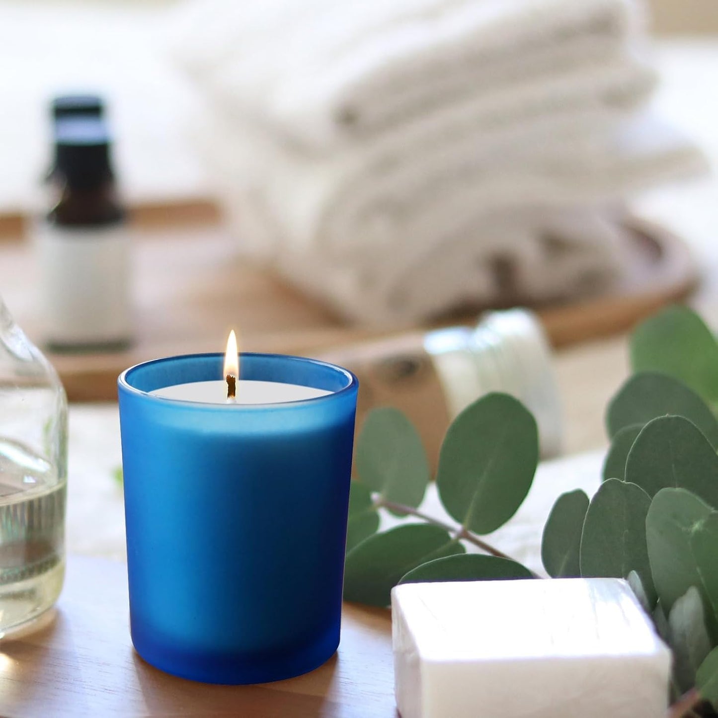 SHOWIN 14 OZ Thick Candle Jars for Making Candles 12 Pcs, 3 Wick Empty Jars with Wood Lids for Candle Making, Sample Container, Frosted Blue