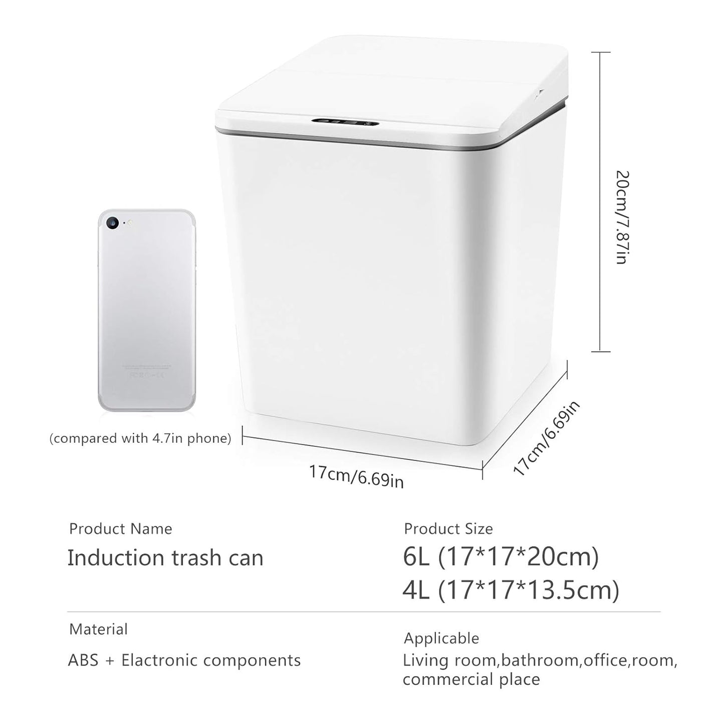 Automatic Small Countertop Trash Can with Lid, 1.5 Gal/6L Toucheless Mini Waste Bin for Office Desk/Bedside Table/Coffee Bar -Batteries, White