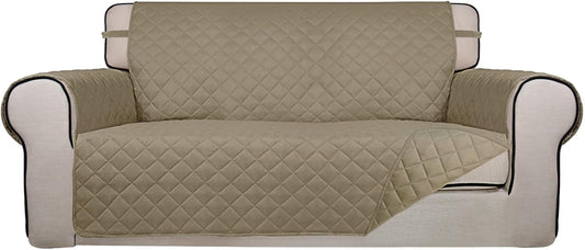 PureFit Reversible Quilted Sofa Cover, Water Resistant Slipcover Furniture Protector, Washable Couch Cover with Non Slip and Elastic Straps for Kids, Dogs, Pets (Oversized Loveseat, Beige/Beige)