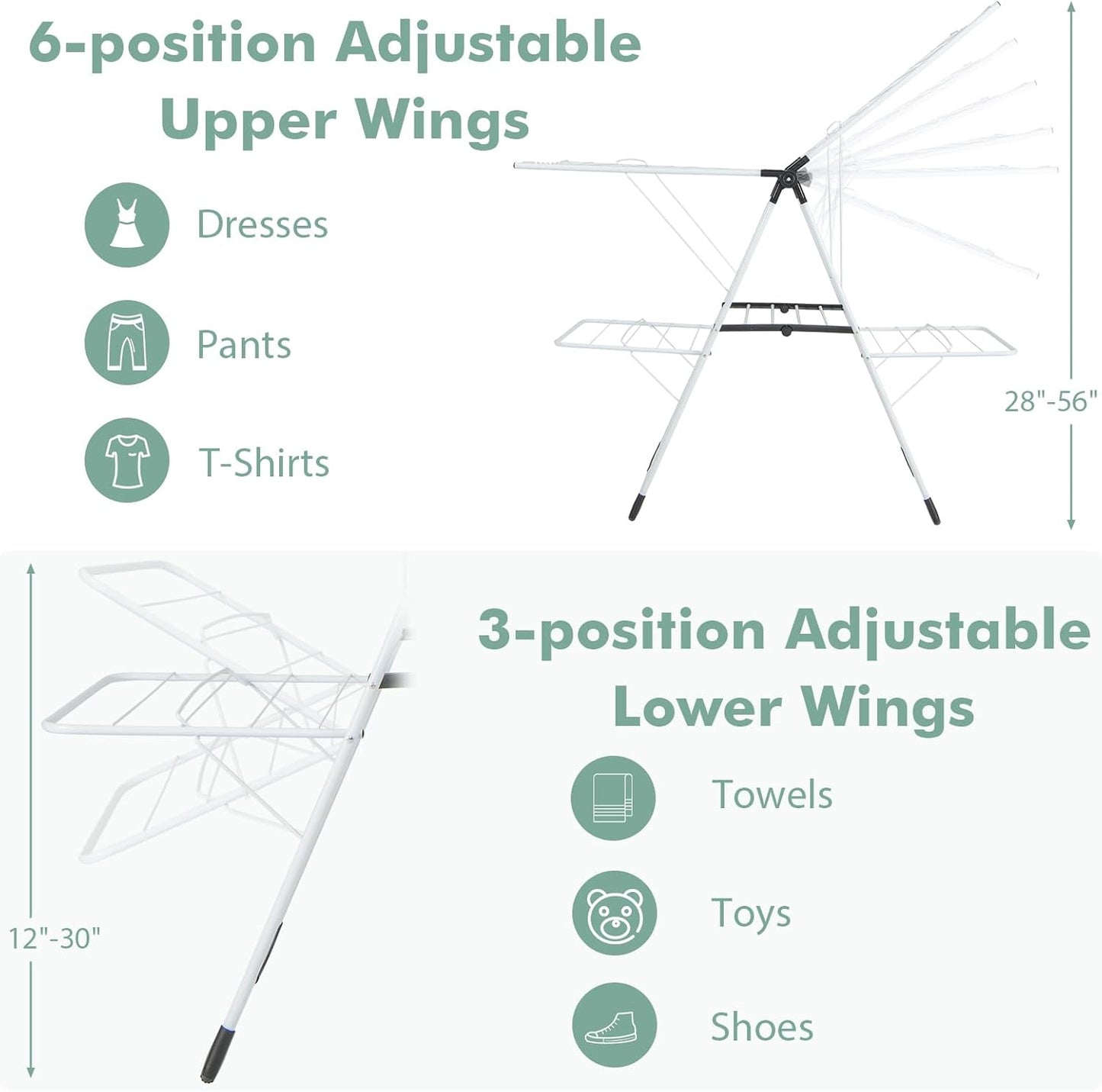 Giantex Clothes Drying Rack, 2-Layer Stainless Steel Foldable Laundry Drying Rack with 6-Level Adjustable Height, Useful Clips, Space Saving Freestanding Folding Collapsible Laundry Drying