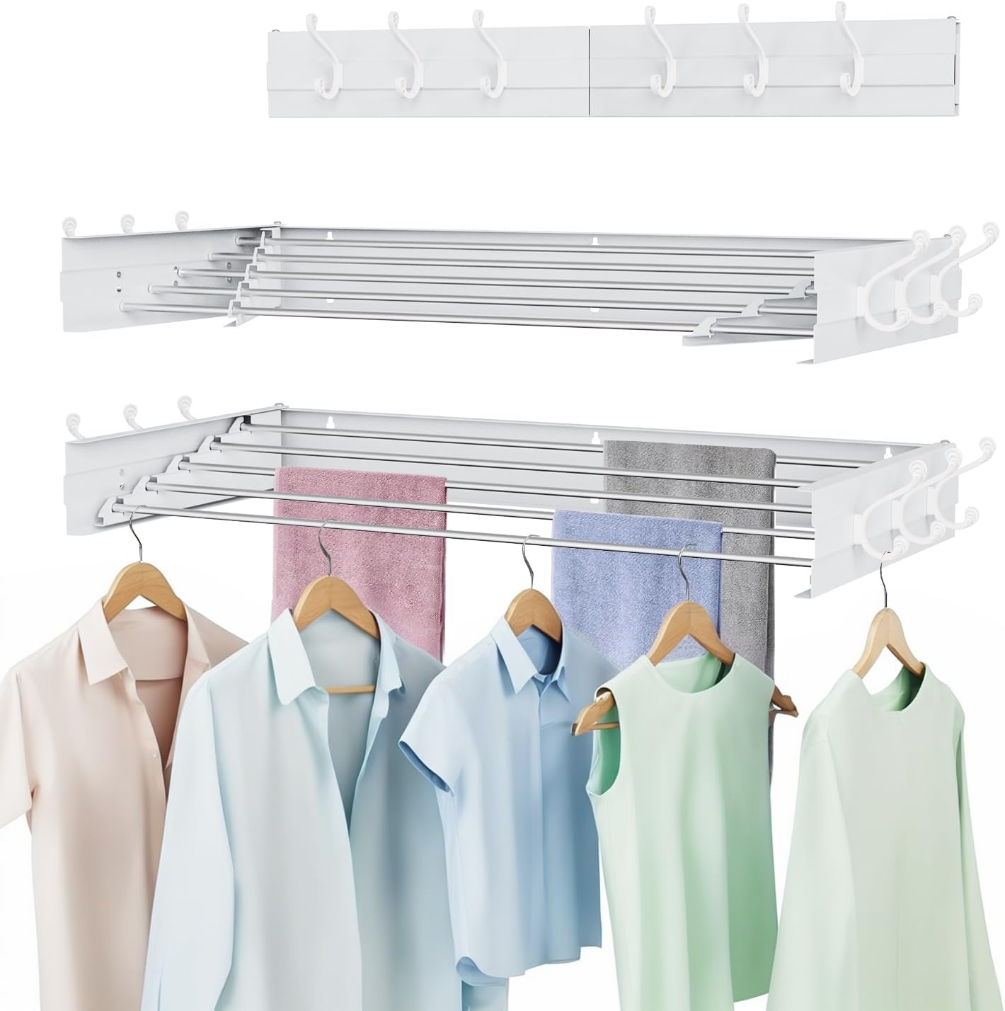 Laundry Drying Rack, Collapsible Wall Mounted Clothes Drying Rack - Foldable,Space Saving, 13.2 Linear Ft, 5 Aluminum Rods, 60 lb Capacity (White, 31.5" Wide)