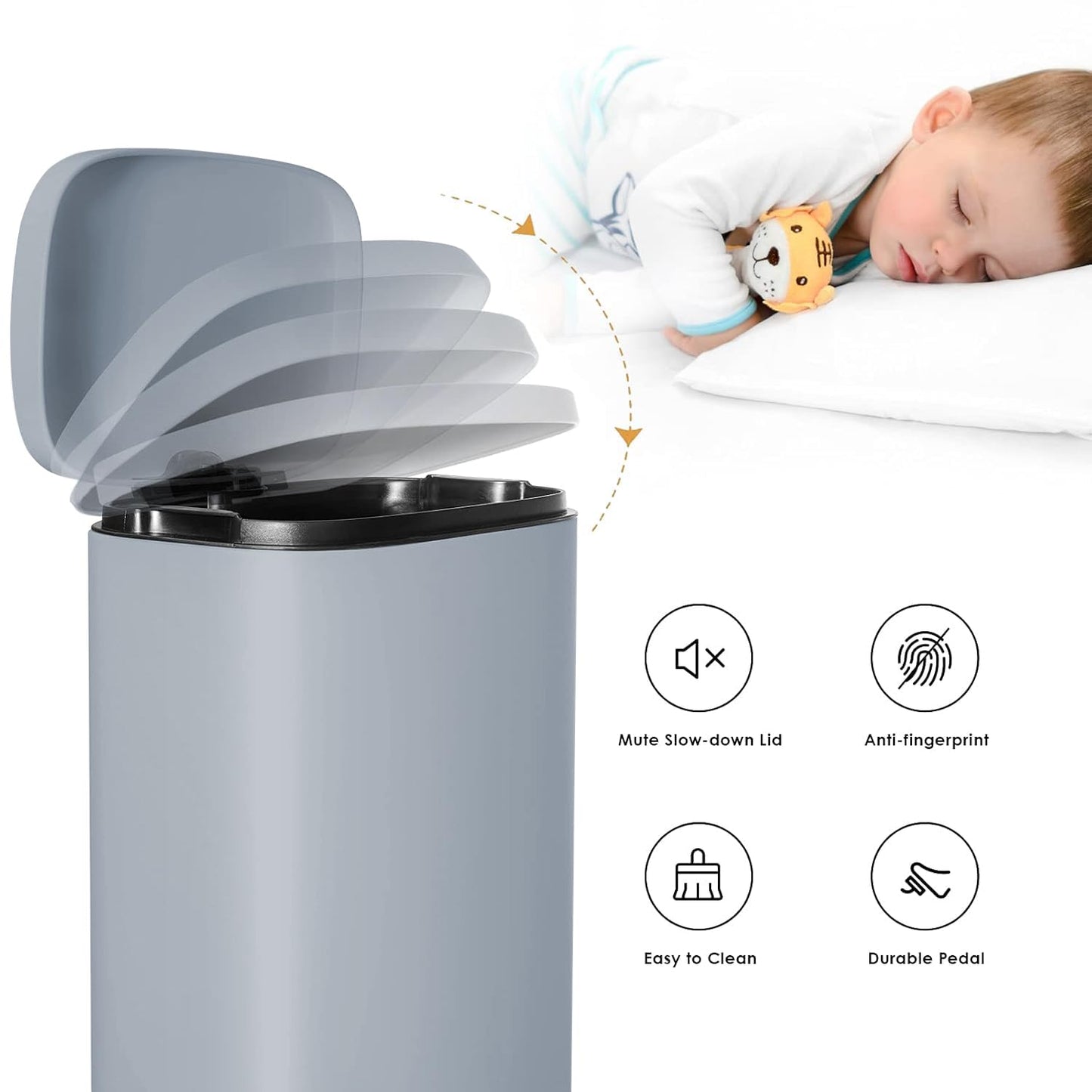 AthLike Trash Can, Stainless Steel Kitchen Garbage Can, Step Waste Bin with Hinged Lid and Removable Inner Bucket, Soft-Close, Dustbin for Bathroom Bedroom Living Room Home (Haze Blue, 13.2 Gal)