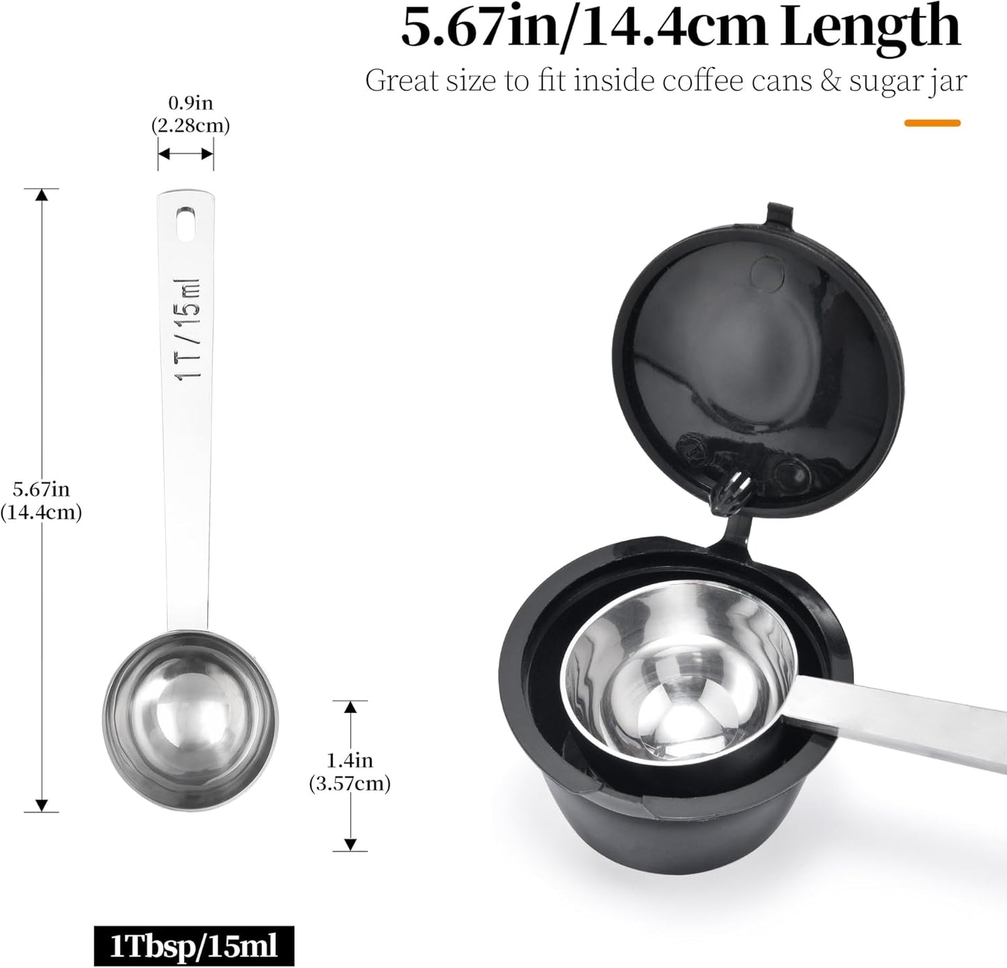 Long Handle Coffee Scoop: 18/8 Stainless Steel 5.64 Inch 1 Tablespoon Metal Measuring Spoon Tbsp Scoop for Coffee Beans, Grounds Coffee, Coffee Powder, Tea, Tall Jars (1Tbsp/15ml)