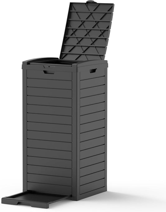 31 Gallon Outdoor Trash Can, Waterproof Resin Trash Can with Layered Lid and Drip Tray, Perfect for Patio, Backyard (Black)