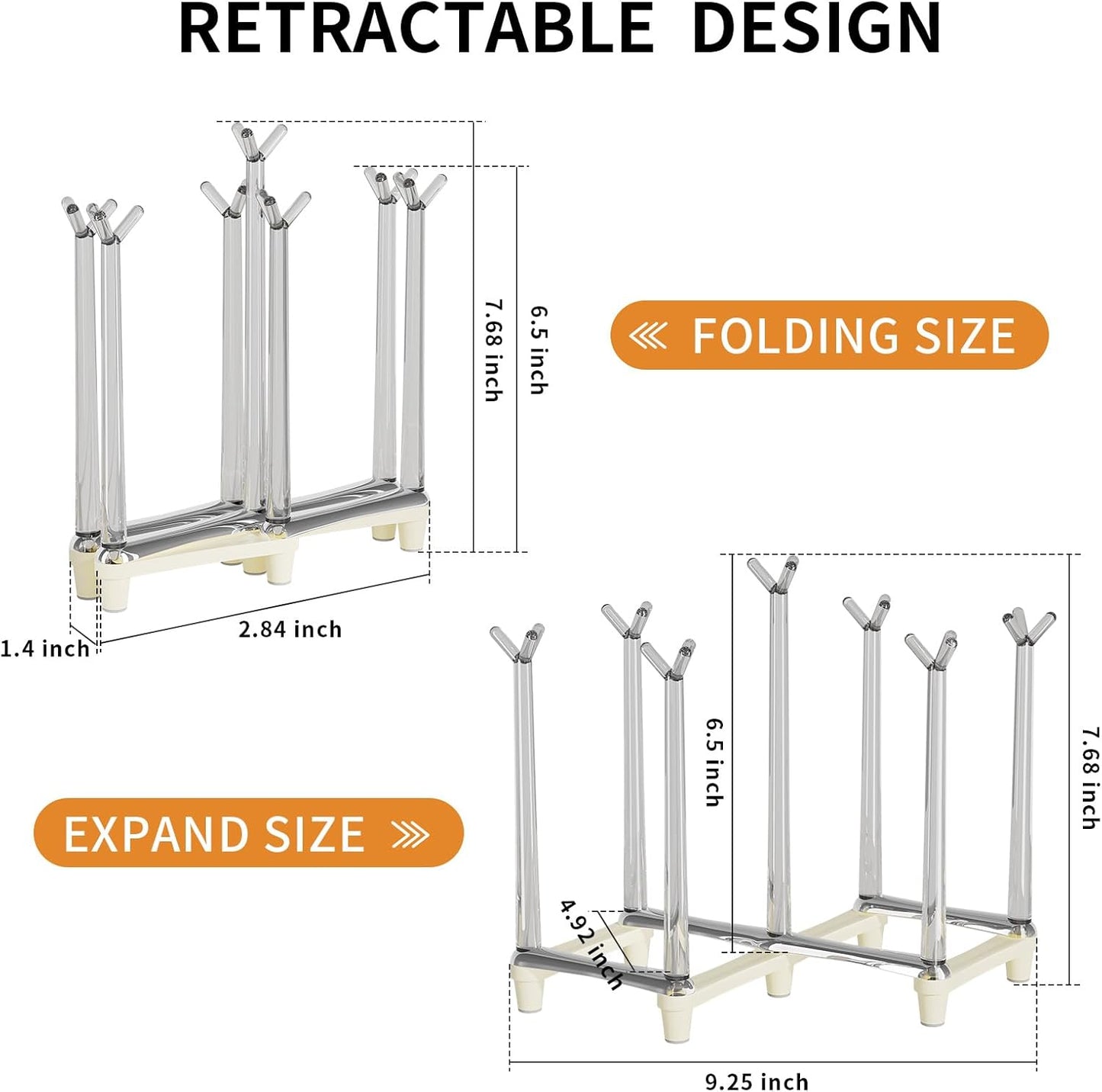 Marbrasse Retractable Cup Drying Rack, Drinking Glass and Sports Bottle Drainer Stand, Plastic Bag Dryer with Non-Slip Bottom for Kitchen Countertop - White