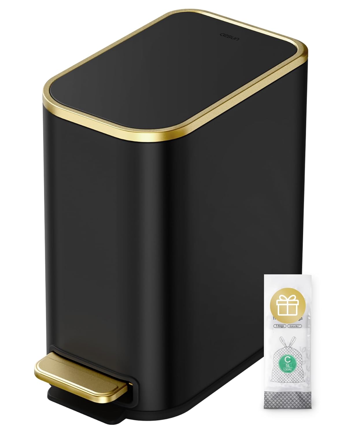 Cesun Small Bathroom Trash Can with Lid Soft Close, 5 Liter/1.3 Gallon Stainless Steel Garbage Can with Removable Inner Bucket, Step Pedal, Slim Waste Basket for Toilet, Office, Bedroom (Black&Gold)