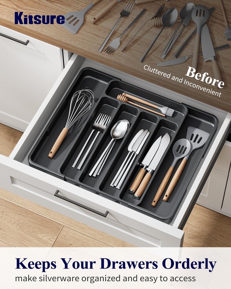 Kitsure Cutlery Drawer Organiser for Kitchen - Adjustable Cutlery Tray for Effortless Utensil Sorting, Versatile Kitchen Storage & Organisation Solution, 12.13" x 1.54" x 8.07"~13.90", Black