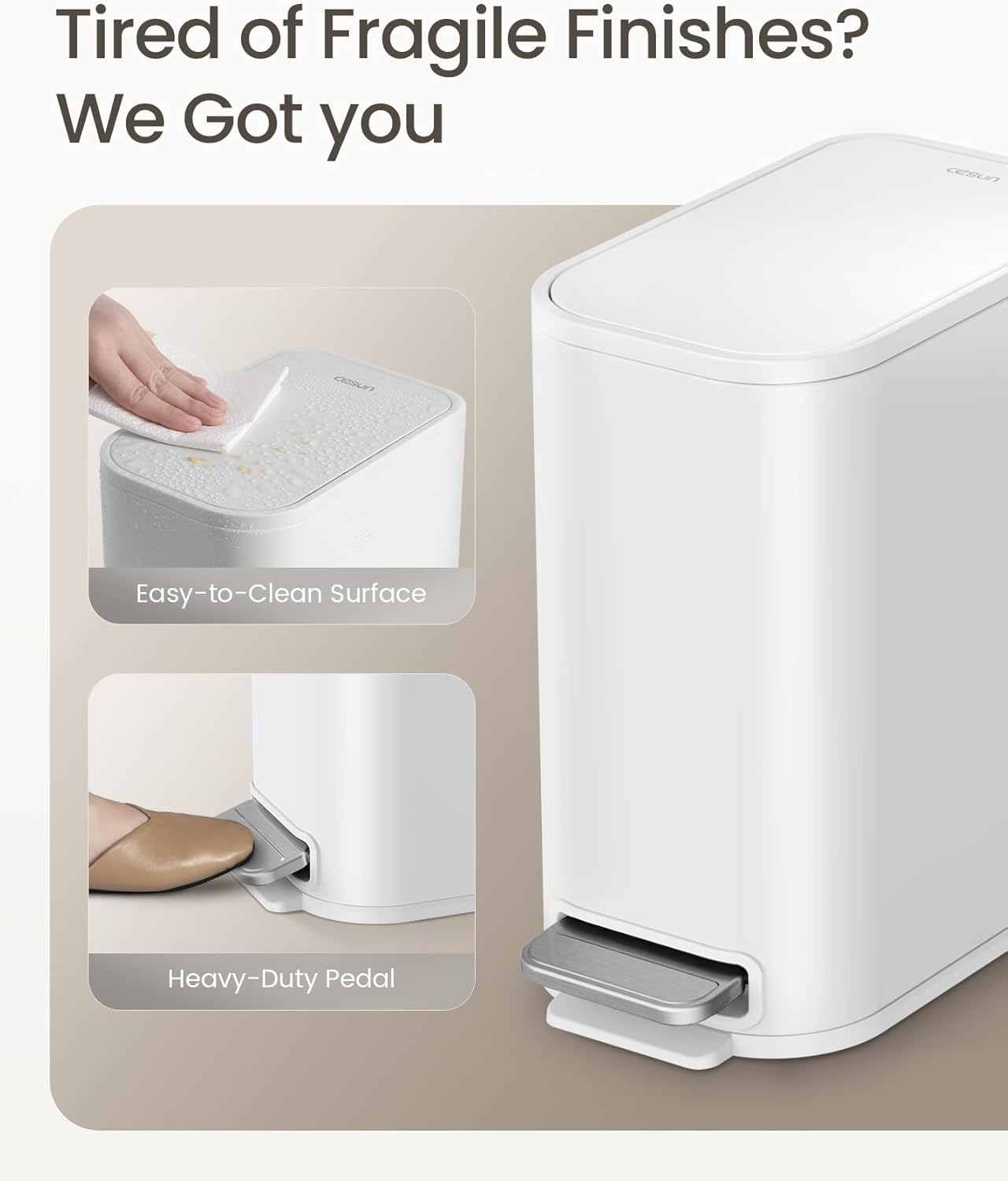 Cesun Small Bathroom Trash Can with Lid Soft Close, Step Pedal, 5 Liter / 1.3 Gallon Stainless Steel Garbage Can with Removable Inner Bucket, Waste Basket for Bathroom, Bedroom (White)