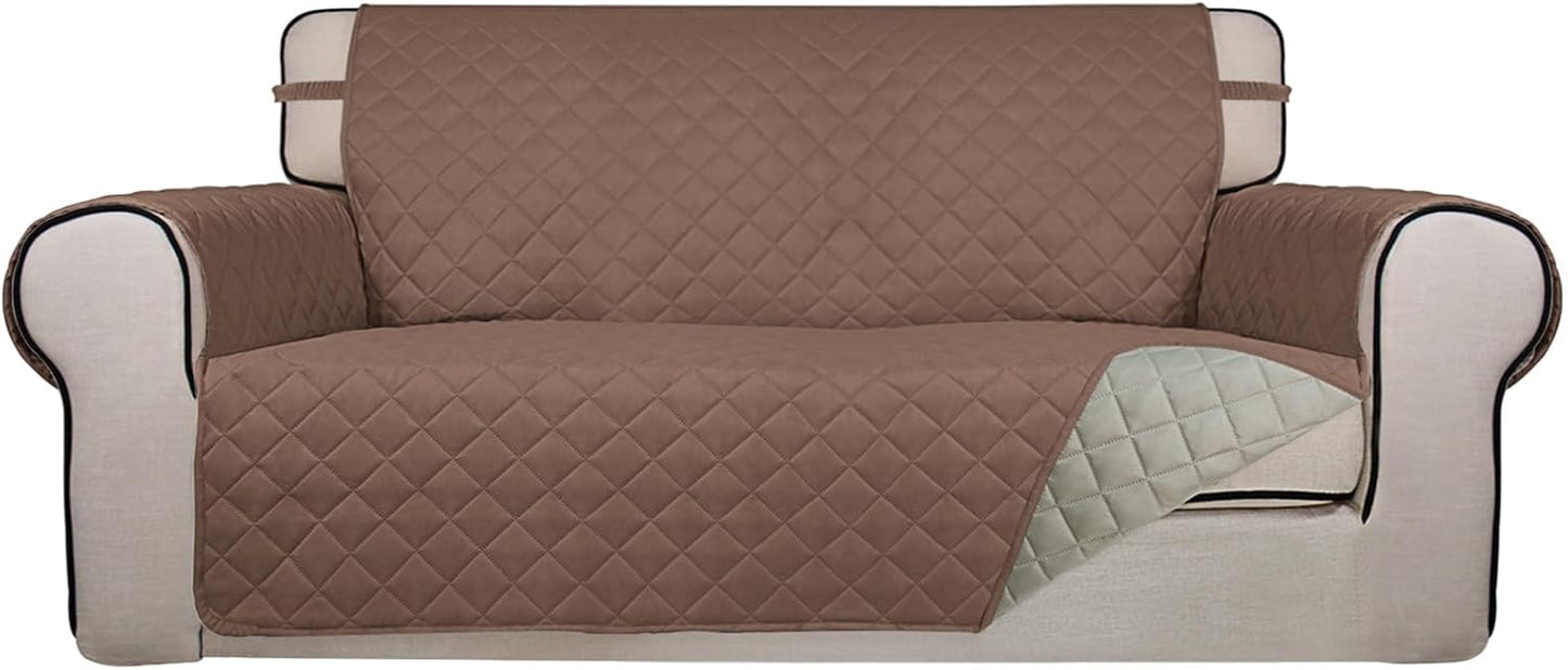 PureFit Reversible Quilted Sofa Cover, Water Resistant Slipcover Furniture Protector, Washable Couch Cover with Non Slip and Elastic Straps for Kids, Dogs, Pets (Oversized Loveseat, Brown/Beige)
