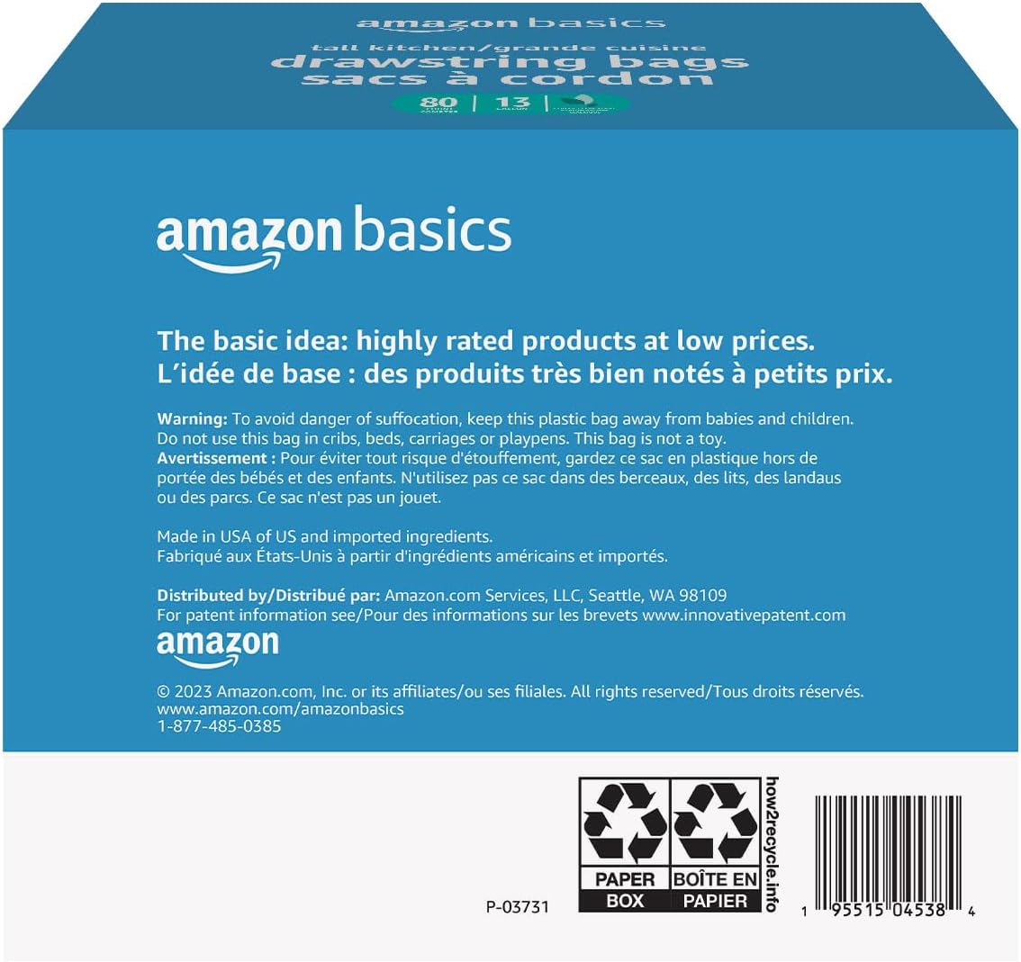 Amazon Basics Ultra-Force Tall Kitchen Drawstring Trash Bags, Classic Clean Scented, 13 Gallon, 80 Count, Pack of 1