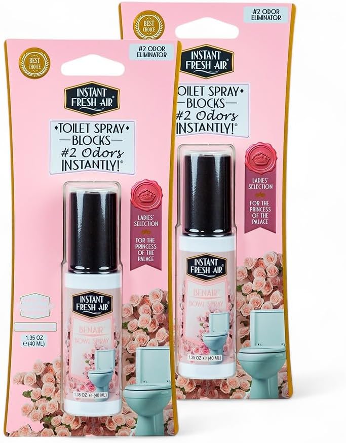 2-Pack: Superior Toilet Spray for Women with Instant Odor Elimination, Powdery Rose Fragrance, Odor Eliminator Bathroom Spray, Travel Size, Long-Lasting, Eco-Friendly, 1.35 Oz. - INSTANT FRESH AIR