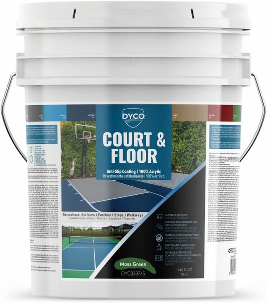DYCO Court & Floor Anti-Slip Coating - Slip Resistant Pavement, Cement & Concrete Paint for Pickleball, Tennis & Basketball Courts, Exceeds ADA Standards for Safety Areas (Moss Green, 5 Gallons)