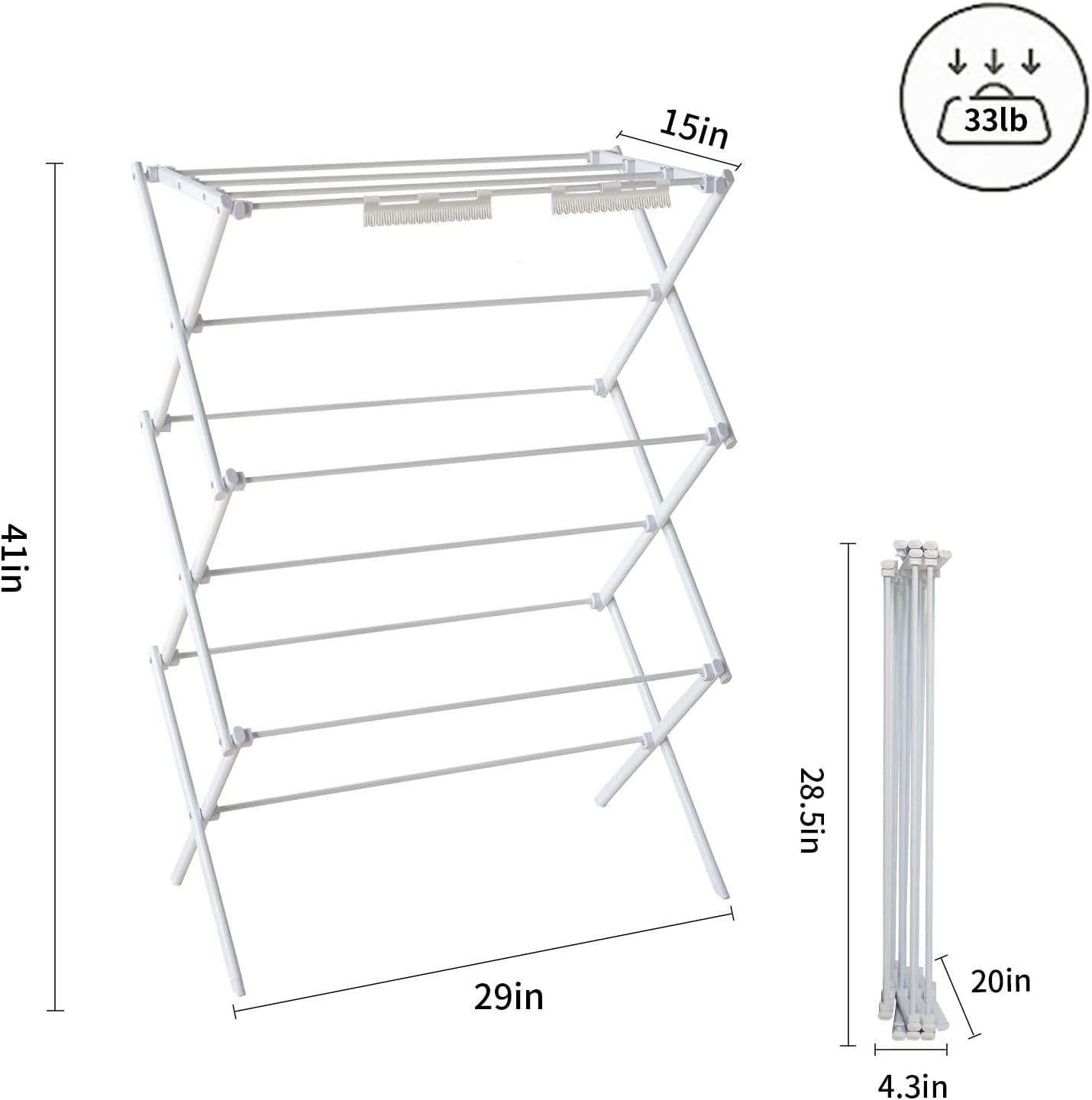 3 Tiers Foldable Clothes Drying Rack, Vertical Laundry Rack Portable and Collapsible for Storage Indoor Outdoor, White