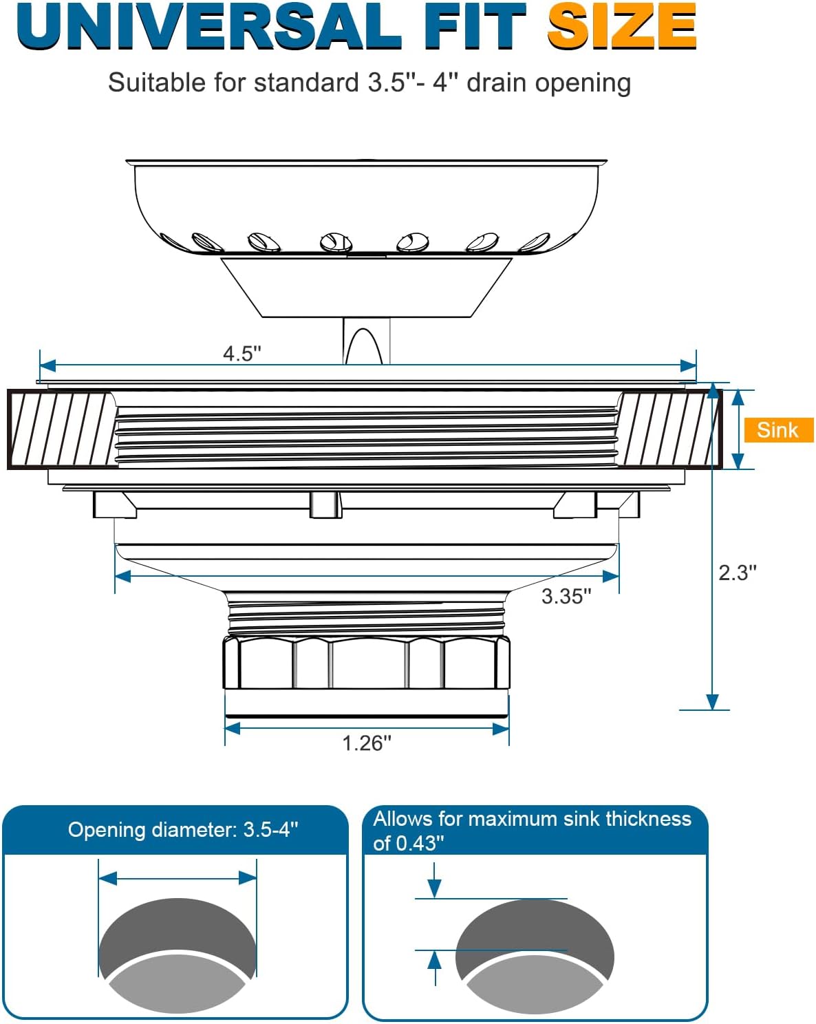 BOTEMY Stainless Steel Sink Drain Strainer Kit 3-1/2 inch Kitchen Drain Assembly with Metal Center Knob Basket Stopper Replacement for Standard Kitchen Sinks, Brushed