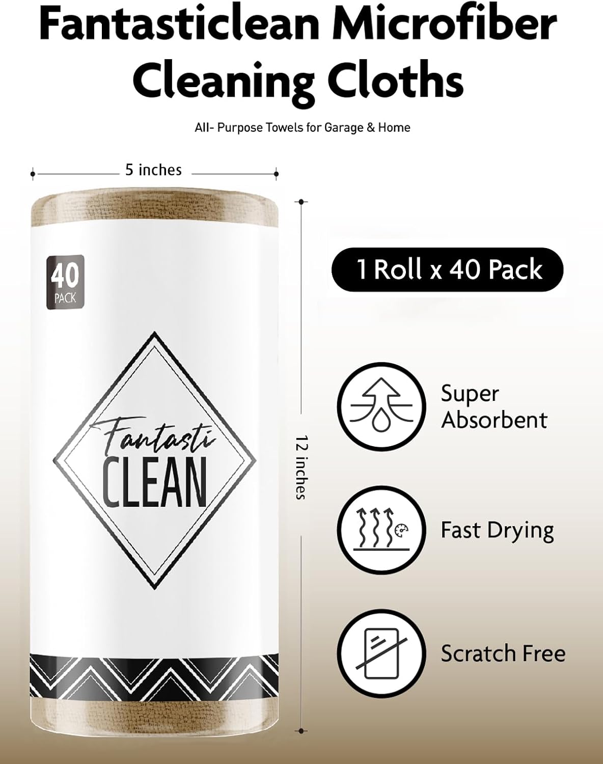 Fantasticlean Microfiber Cleaning Cloth Roll -40 Pack, Tear Away Microfiber Towels, 12" x 12", Reusable, Washable, Scratch Free, Ultra Absorbent for Car, Home Supplies, Shop (TAN)