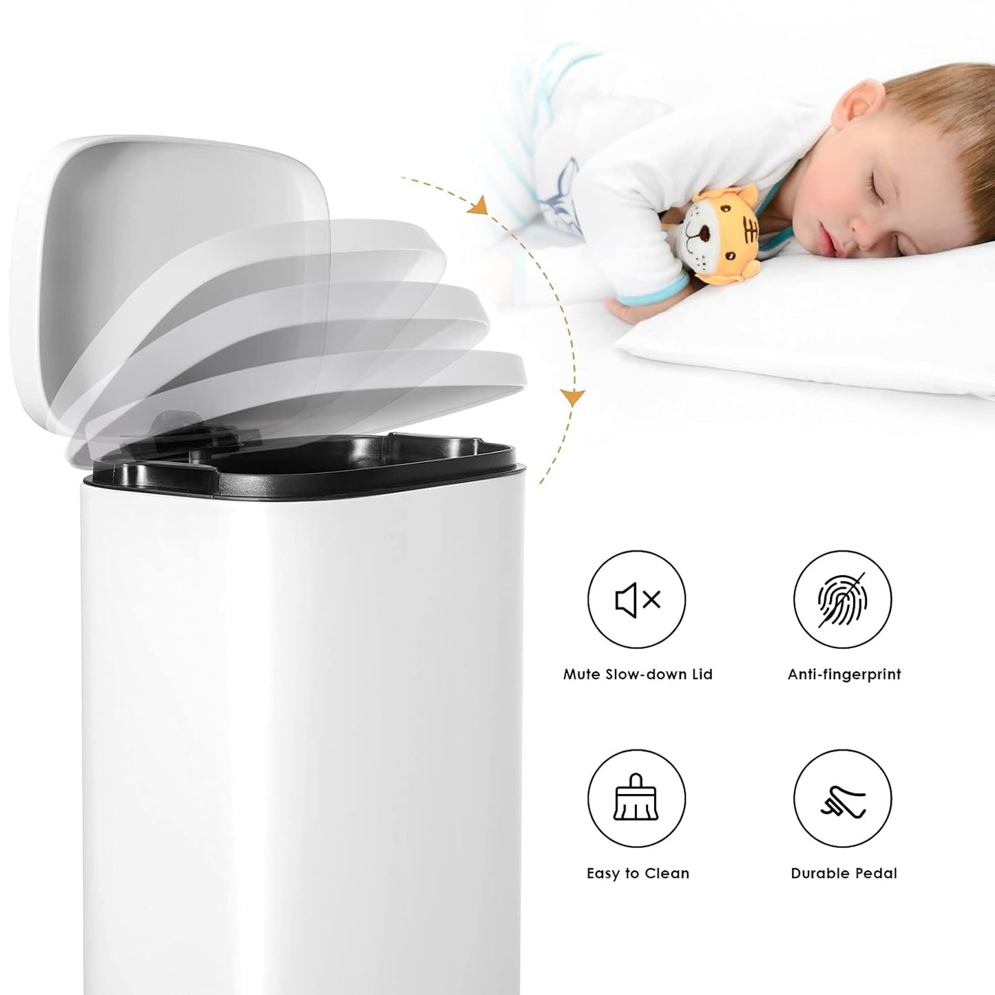 AthLike Trash Can, Stainless Steel Kitchen Garbage Can, Step Waste Bin with Hinged Lid and Removable Inner Bucket, Soft-Close, Dustbin for Bathroom Bedroom Living Room Home (White, 13.2 Gal)