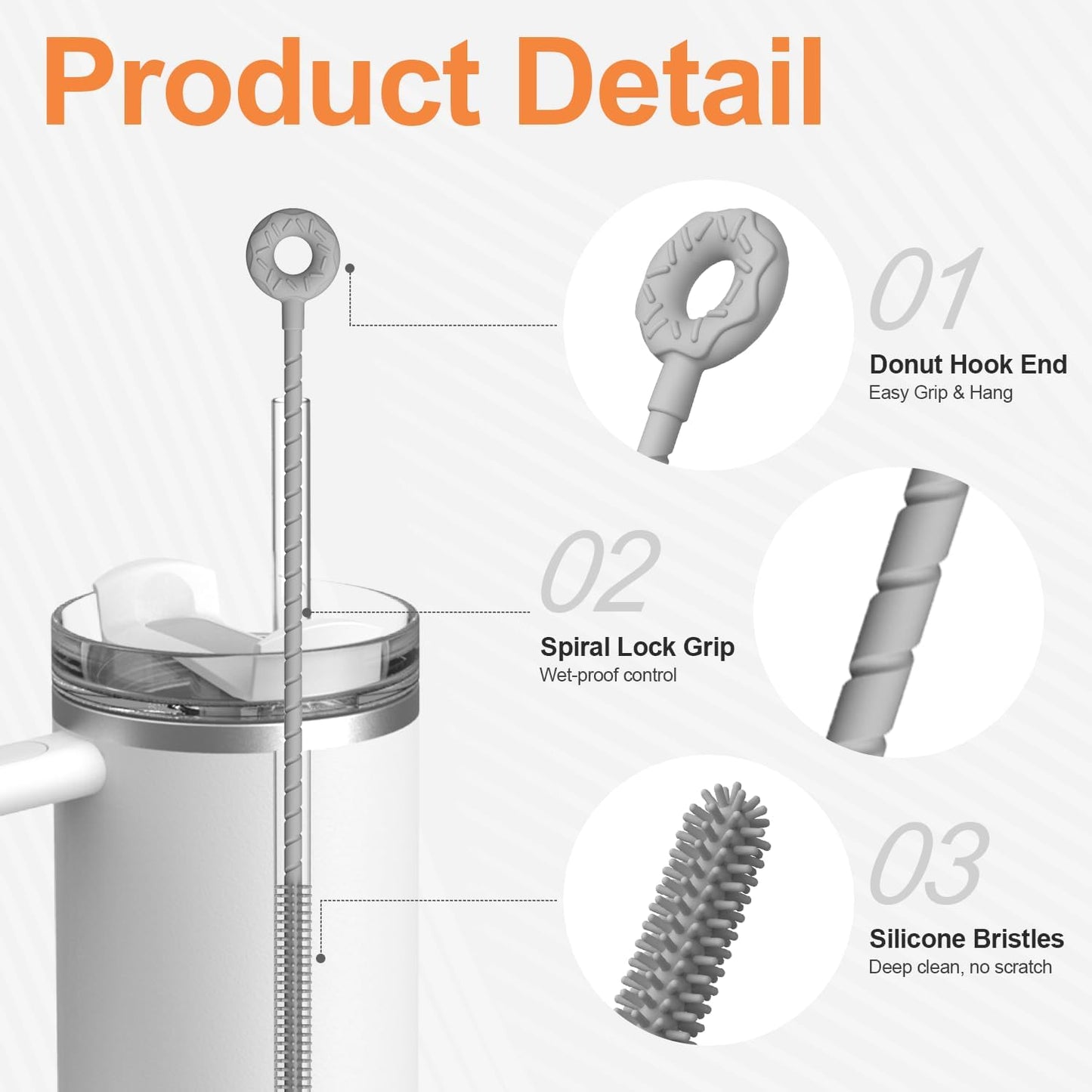 YOTIME Silicone Straw Cleaner Brush, 2 Pcs Reusable Straw Brush(6mm+9mm) for Cleaning Narrow & Wide Straws, Tumblers, Gray