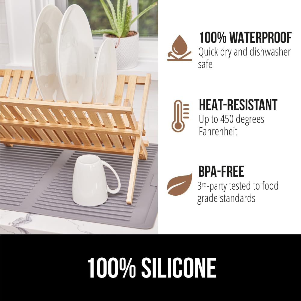 GORILLA GRIP 100% BPA-Free Patented Silicone Dish Drying Mat for Kitchen Counter, 18x16 Inch, Water Catching Ribbed Design, Easy Clean Waterproof Sink Liner, Heat Resistant, Fits Under Rack, Gray