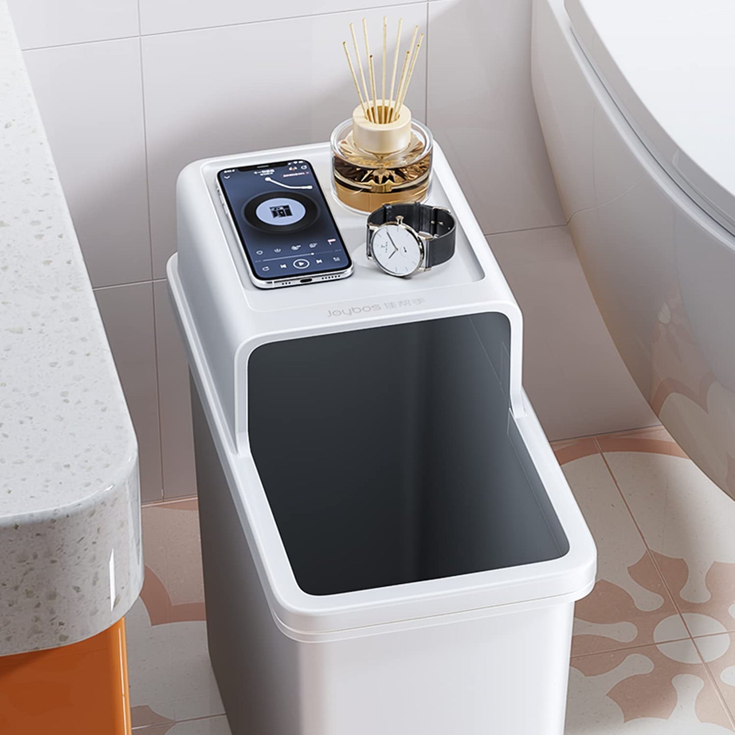 JOYBOS Bathroom Trash Can, Small Dogproof Garbage Can with Lid 14 Liter Slim Plastic Bin 4 Gallon Waste Basket for Bedroom Office Trashcan RV Narrow Place,White