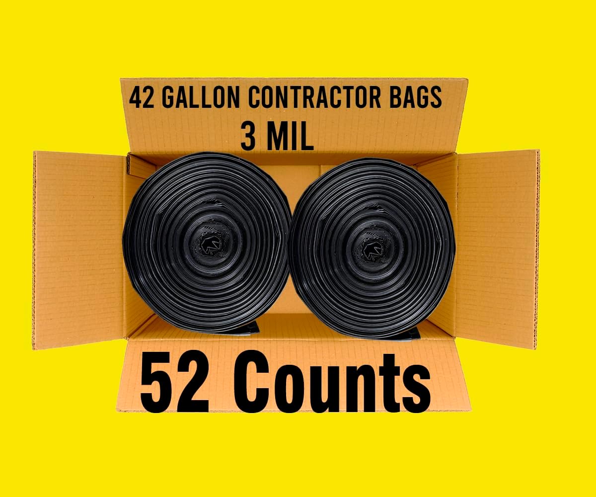 Contractor Heavy Duty Trash Bags 42 Gallon | 52 Count | 3 MIL | 32.8" X 46" | Large Black Flap Tie Construction Garbage Bags for Business Home Commercial, Industrial, Storage, Outdoor