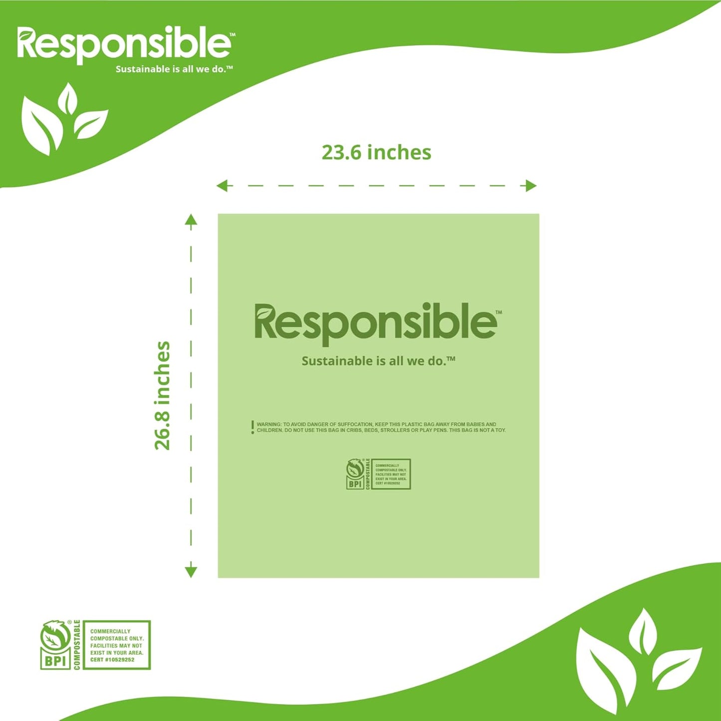 Responsible Products Kitchen Bin Liners, Certified Compostable, Heavy Duty Multipurpose Food Scrap Bags, Made from Compostable Materials (13 Gallon, 13 Gallon (38 Count))