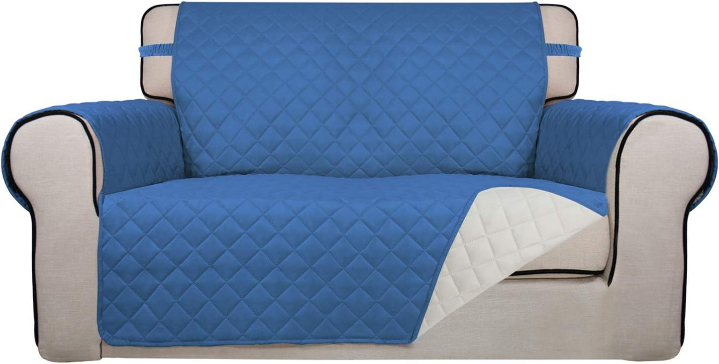 PureFit Reversible Quilted Sofa Cover, Water Resistant Medium Slipcover Furniture Protector, Washable Couch Cover with Non Slip Foam and Elastic Straps for Kids, Dogs, Pets (Loveseat, Blue/Ivory)