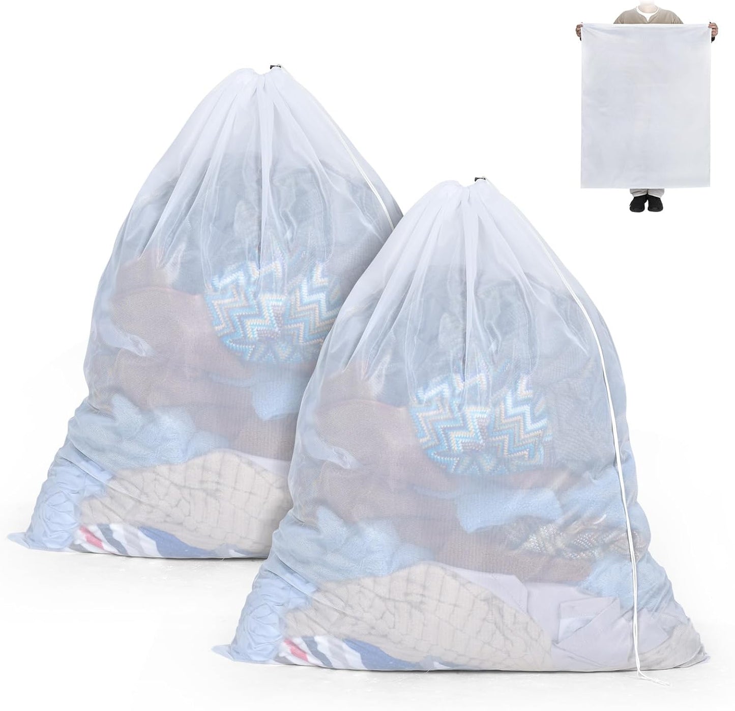 OTraki Large Mesh Laundry Bag 36 x 43 Inch Drawstring Laundry Wash Bags, 2 Pack Dirty Clothes Net Laundry Bag Heavy Duty Travel Storage Organize Bag for Home Apartment Dorm Camp Hotel Beach, White