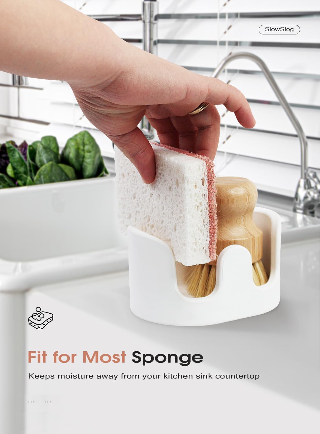 Double Sponge Holder, Water-Absorbing Stone Dish Sponge Caddy for Kitchen Sink Counter, Fast-Drying Stone Sponge Holder with 6 Sponges and 1 Brush, White