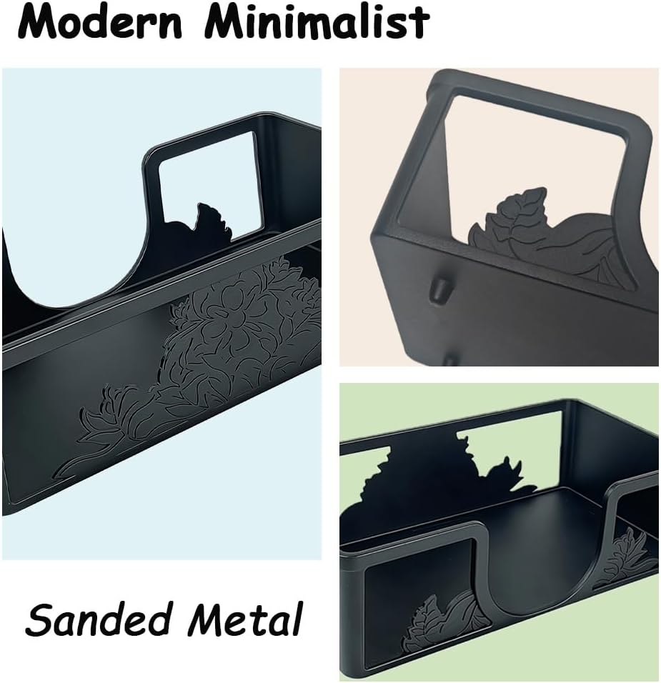 Metal Napkin Holder for Bathroom and Kitchen - Black Floral Design Disposable Hand Towel Holder Tray, Guest Towel Organizer for Countertop, Paper Napkin and Towel Dispenser(Black)