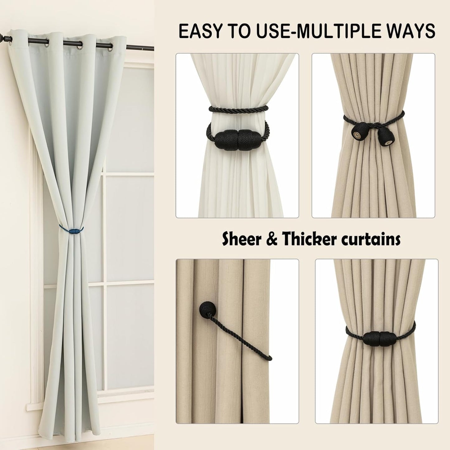 Magnetic Curtain Tiebacks Rope Curtain Tie Backs for Curtains 4 Pack Curtain Holders for Drapes Decorative Window Curtain Holdbacks, Black