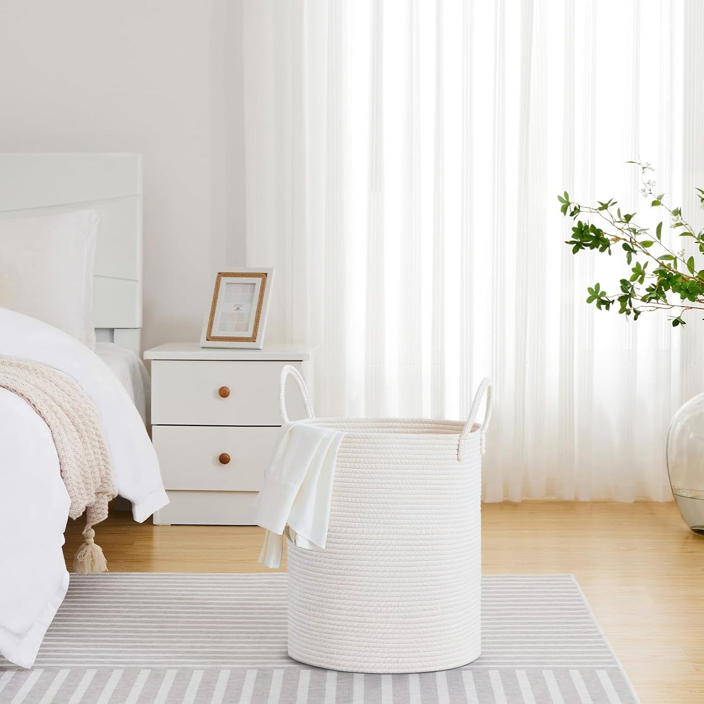 VIPOSCO Large Laundry Hamper, Tall Woven Rope Storage Basket for Blanket, Toys, Dirty Clothes in Living Room, Bathroom, Bedroom - 53L White