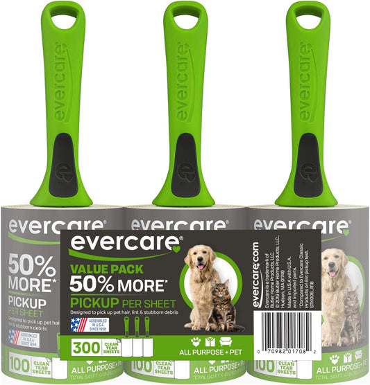 Evercare All Purpose Pet Hair Lint Rollers, 3 Pack, 100 Sheets Each – Reusable Sticky Roller for Pet Hair, Cat & Dog Hair Remover, Lint Remover, Pet Hair Remover for Furniture, Clothing & Cars