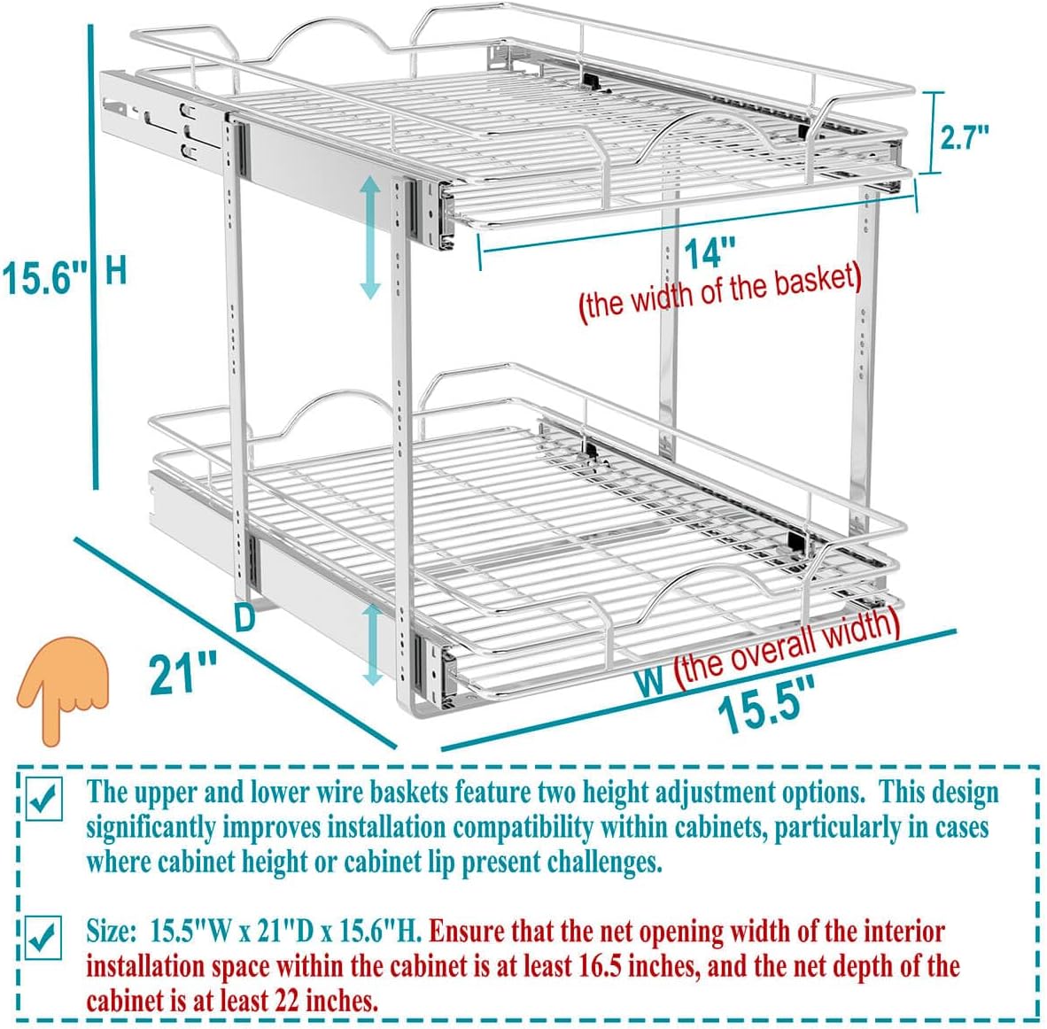 OCG 2 Tier Pull Out Cabinet Organizer (15.5" W x 21" D), Pull Out Drawers for Kitchen Cabinets, Pull Out Shelves for Base Cabinet Organization in Kitchen Bathroom Pantry, Chrome Finish