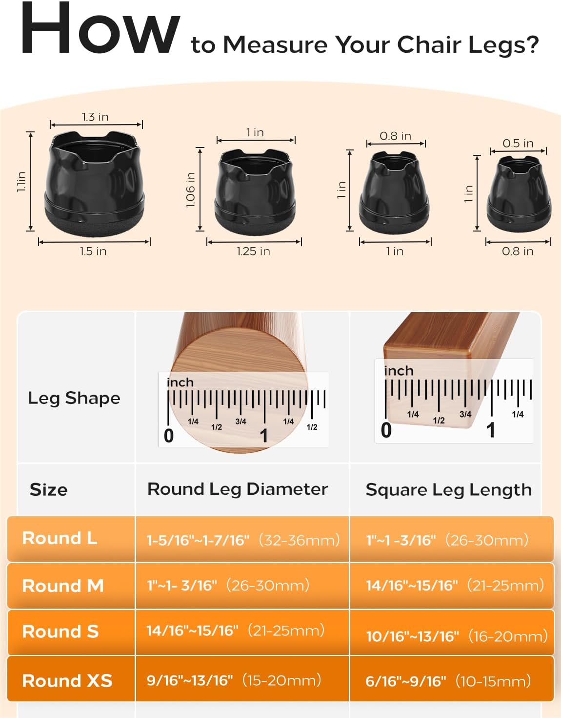 Upgrade 24 PCS Silicone & Felt Chair Leg Floor Protectors for Hardwood Floors - Furniture Pads, Chair Leg Covers/Cups - No Noise & Scratch-Proof - Round M (Fits 1"-1 3/16" / 26-30mm), Black