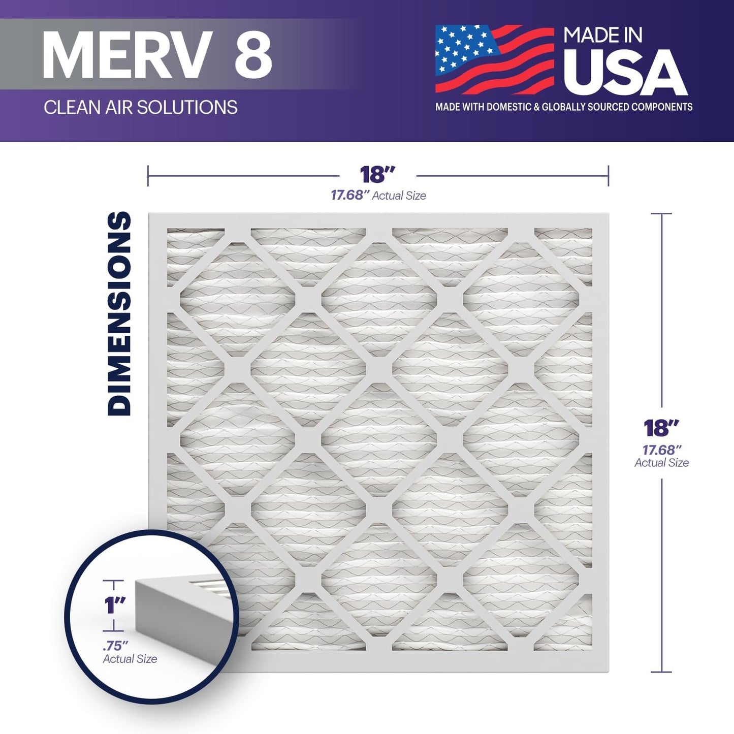 BNX TruFilter 18x18x1 Air Filter MERV 8 (6-Pack) - MADE IN USA – Dust & Pet Defense Air Conditioner HVAC AC Furnace Filters for Dust, Pet, Mold, Pollen MPR 600 – 700 & FPR 5