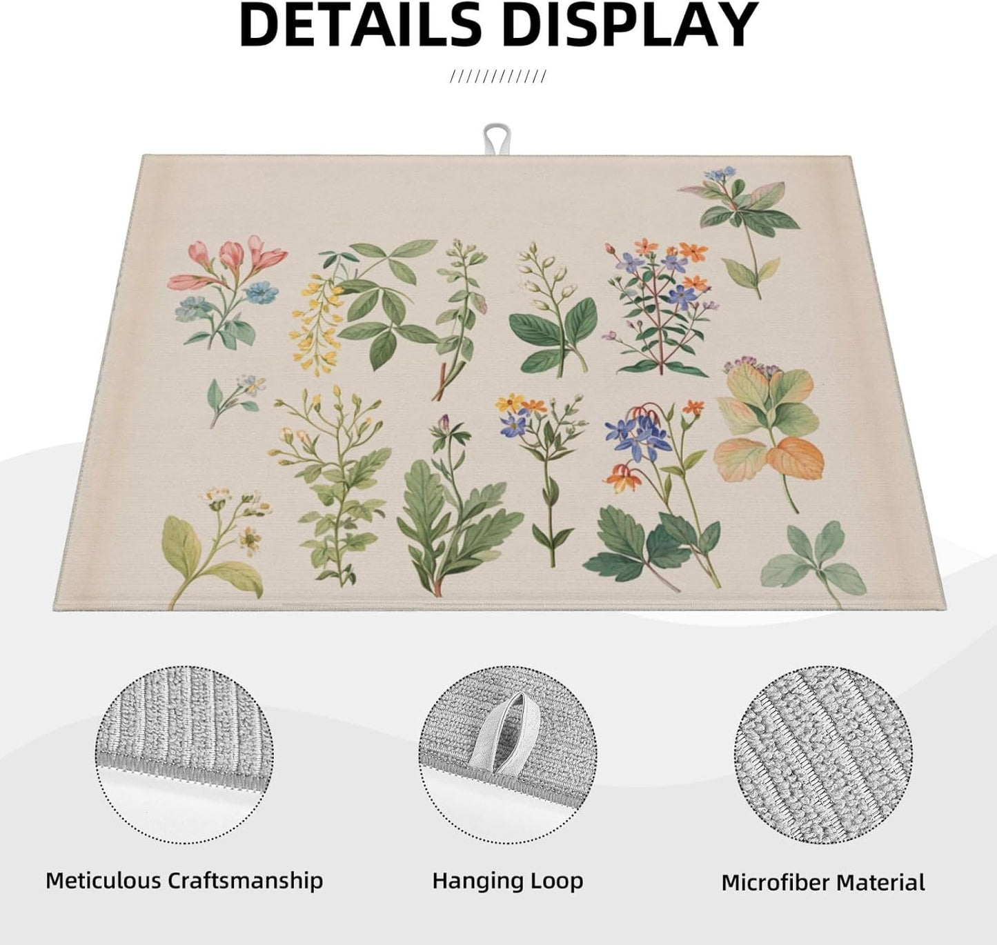Vintage Plants Herbs Floral Dish Drying Mat Highly Absorbent Double-Sided Microfiber with Hanging Loop Reversible Drain Dish Rack Mat Drain Mat Suitable for Kitchen Countertop Coffee Bar 18 x 24 Inch
